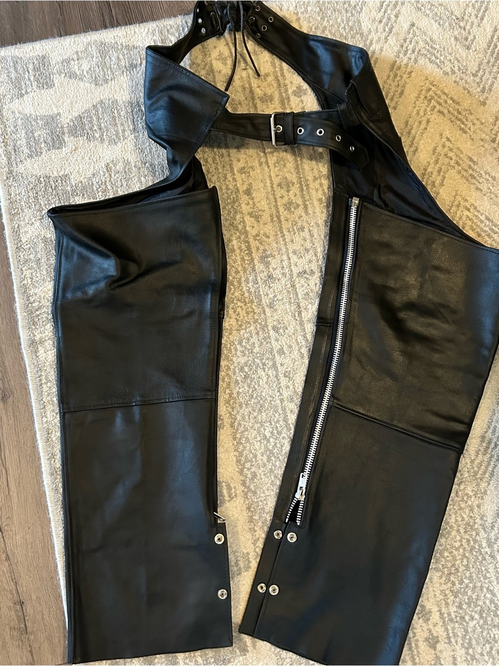 Men's Black Leather Straight-Leg Chaps with Belted Waist